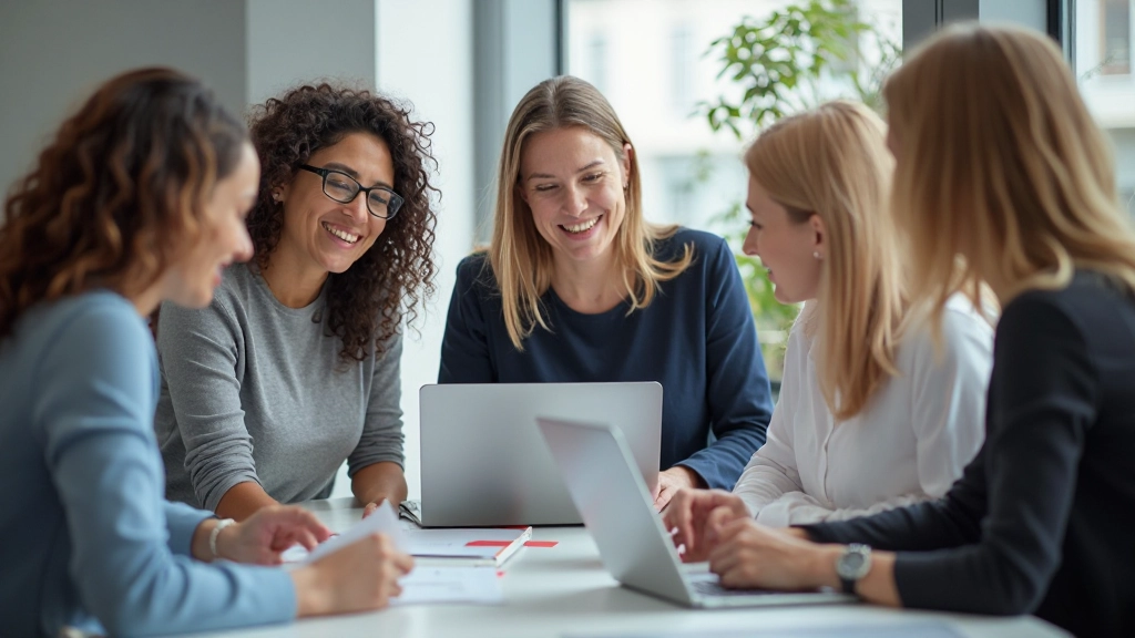 Diverse groep professionals die samenwerken aan een moderne werkplek met laptops en notitieblokken