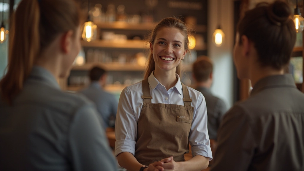 Vriendelijke serveerster in traditioneel Nederlands restaurant die klant welkomt met glimlach in gezellige dineeromgeving