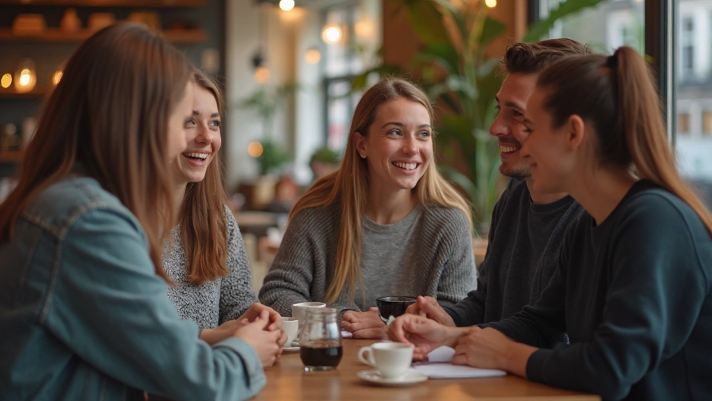 Groep vrienden die gezellig aan tafel in Nederlands café samen praten en lachen