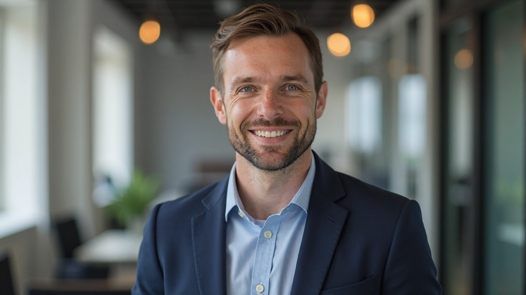 Afbeelding van mannelijke professional in donker pak die vriendelijk kijkt in moderne kantooromgeving met ramen