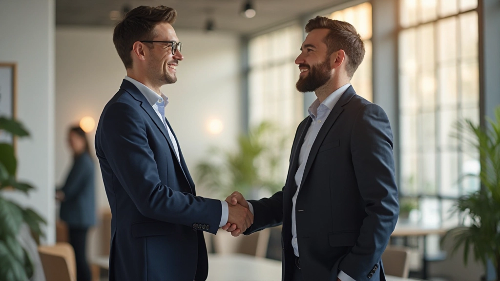 Twee professionele collega's die elkaar vriendelijk begroeten met handdruk in modern kantoorinterieur met natuurlijk licht
