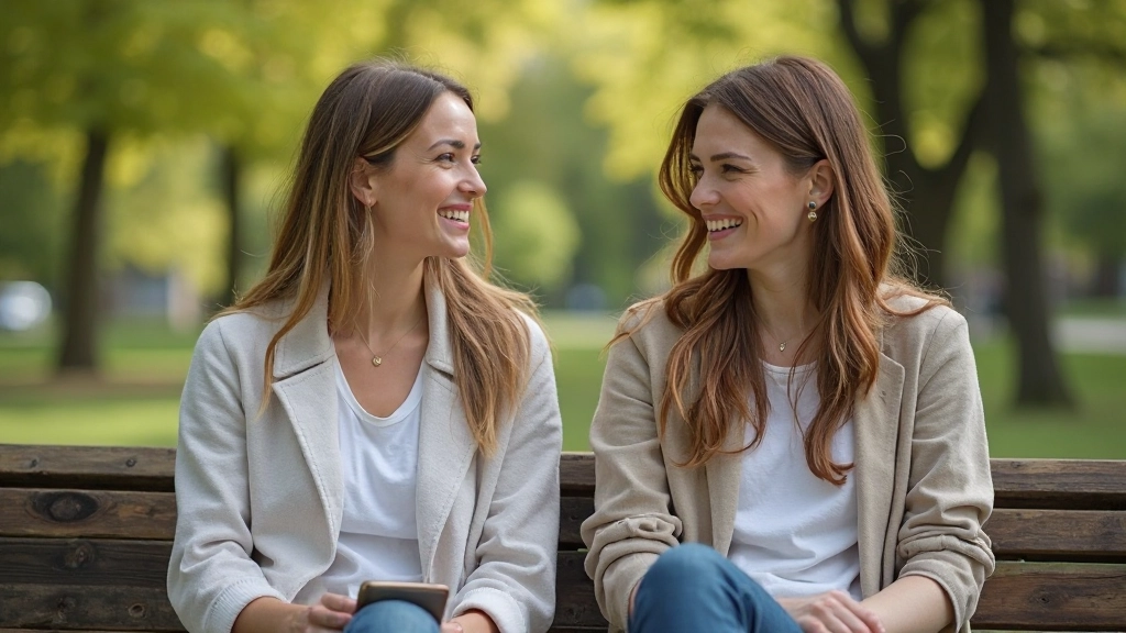 Twee vrouwen die ontspannen op park bench zitten en gezellig Nederlands gesprek voeren met natuurlijke lichting