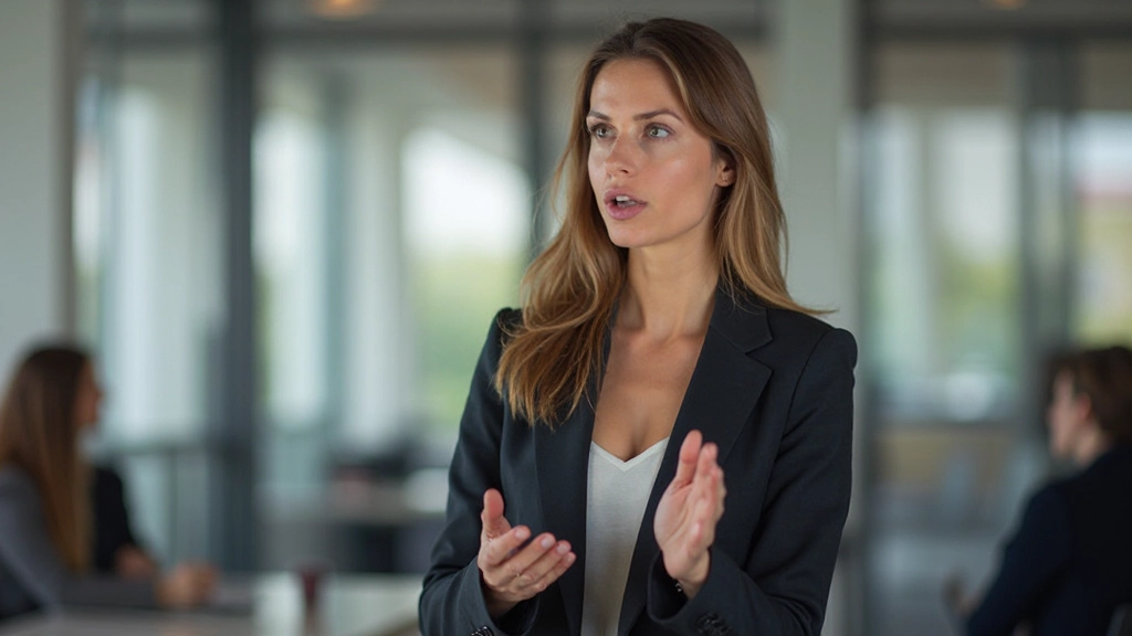 Professionele vrouw die zelfverzekerd staat en spreekt op een zakelijk evenement in een moderne vergaderruimte