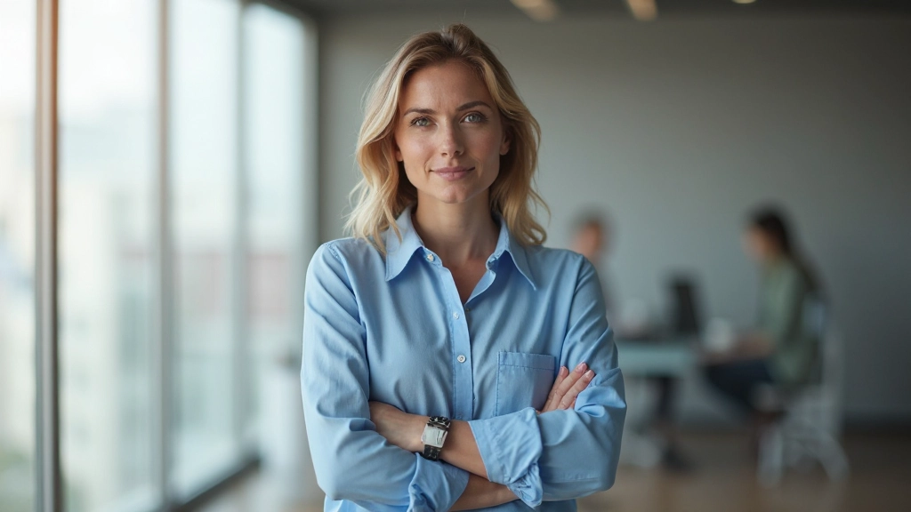 Professionele vrouw met lang blond haar in blauwe top, staande in lichte ruimte met ramen op achtergrond